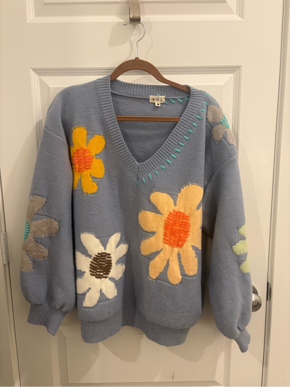Floral Oversized V-Neck Sweater Blue Hand-Stitched Daisy Balloon Sleeve Size M